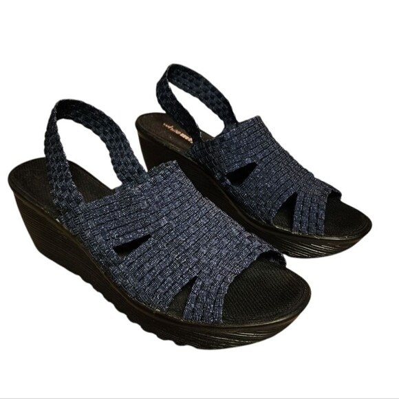 White Mountain Shoes - White Mt Navy Woven Open Toe Slingback Wedge Sandals Womens Sz 11 Stretch Casual